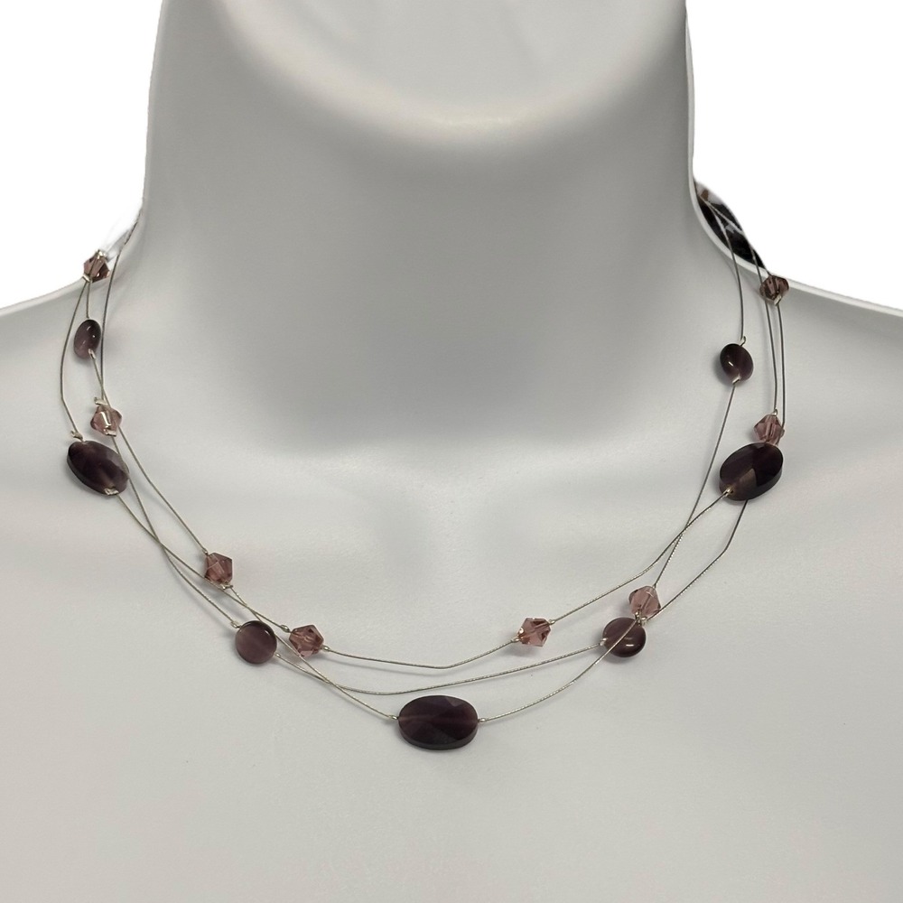 Purple Beaded‎ Layered Necklace Silver Tone Chain Costume Jewelry Y2K